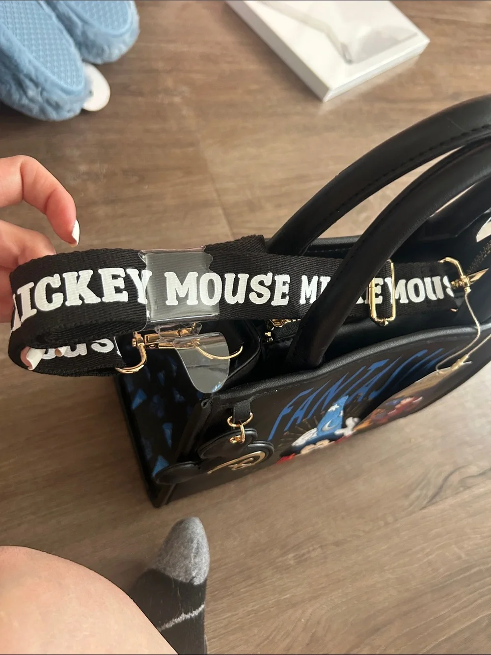 NWT Disney Black Fantasia Mickey Mouse bag with Blue Lettering
